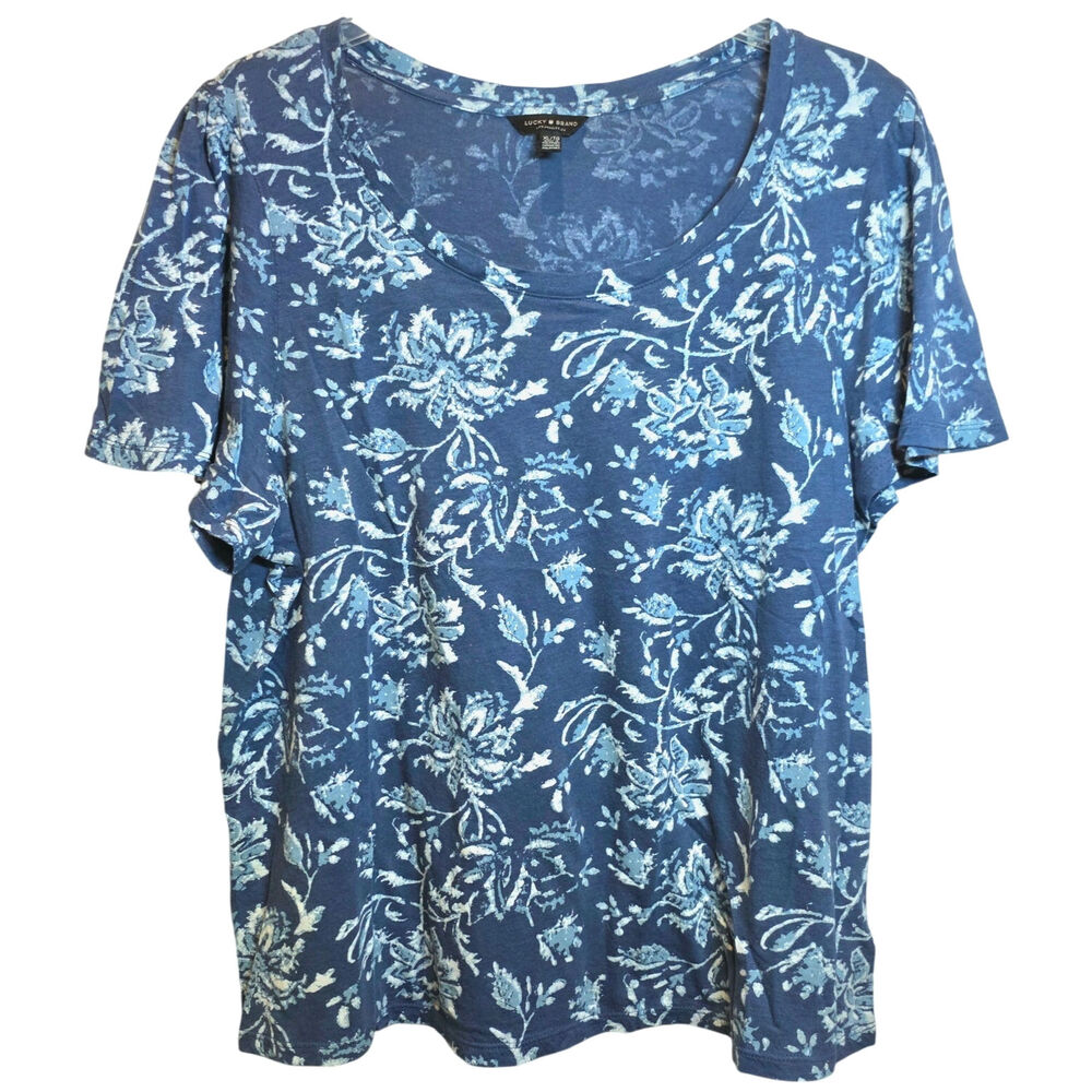 Lucky Brand‎ Flutter Sleeve Floral Tee Womens Sz XL Blue Short Sleeve Scoop Neck